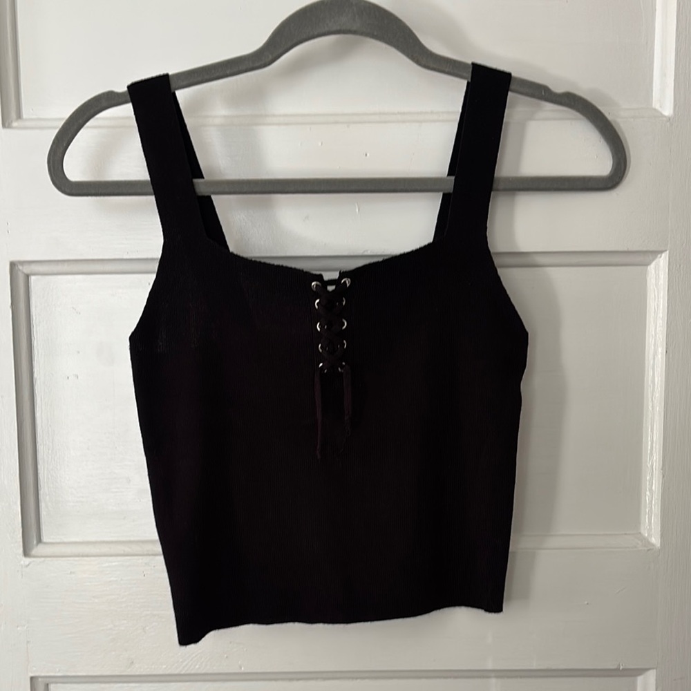 Blue Blush Black Crop Tie Front Tank